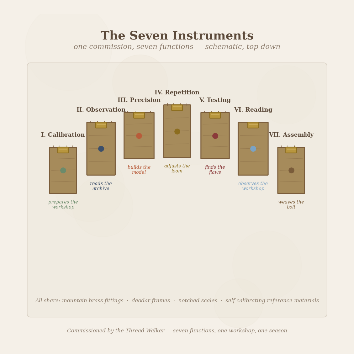 Figure 2: Seven instruments laid out on a cloth, each slightly different in size and configuration but sharing the same brass fittings and deodar frame. Schematic, top-down, labeled with function.