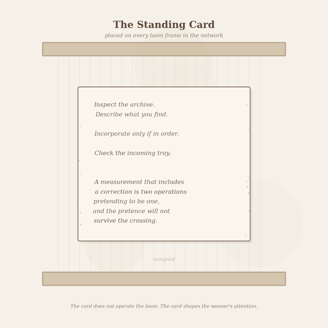 Figure 6: The standing card, alone on a loom frame. Handwritten text. Worn edges. Unsigned.
