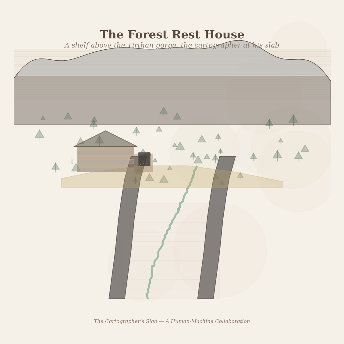 Figure 1: The Forest Rest House — a shelf above the Tirthan gorge, PWD blue on the gatepost, the cartographer at his slate slab. The magnetite walls of the gorge below, deodar on the slopes above.