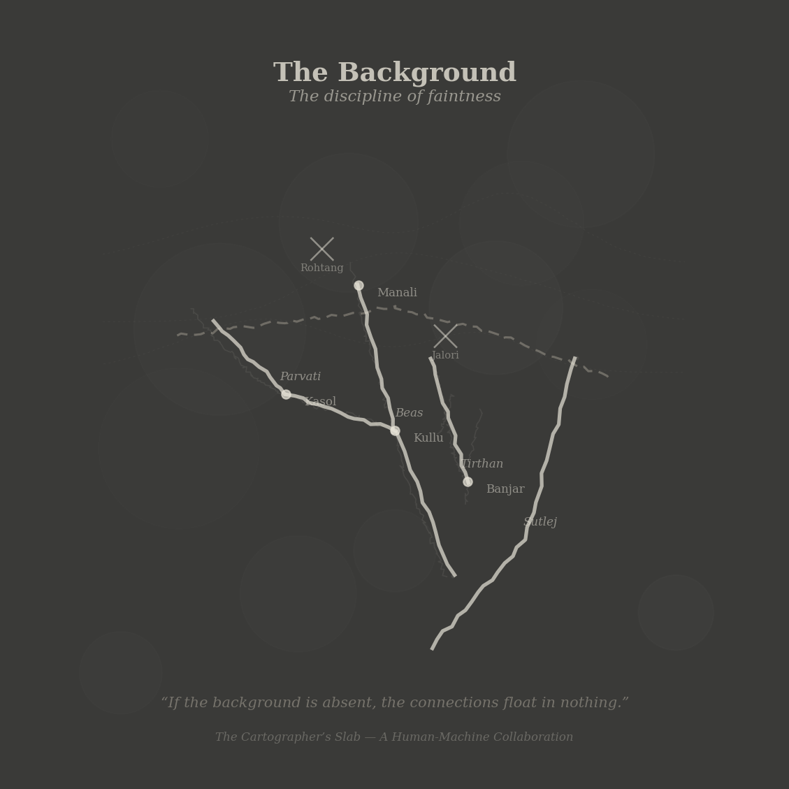 Figure 4: The background — faint river courses, ridge profiles, and town dots recede behind the heavy chalk connections. The discipline of faintness: there so that the foreground has context.