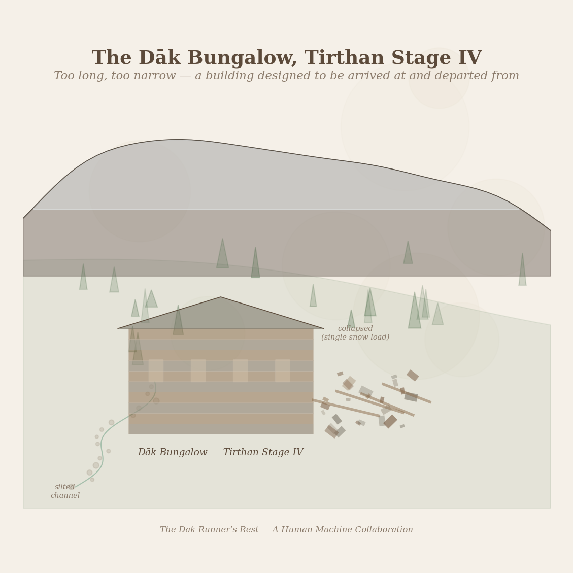 Figure 1: The Dāk Bungalow, Tirthan Stage IV — too long, too narrow, a building designed to be arrived at and departed from. The eastern end collapsed under a single season&rsquo;s snow.