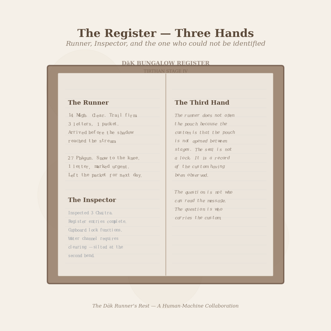 Figure 2: The Register — three hands. The Runner&rsquo;s practical script, the Inspector&rsquo;s copperplate, and the third hand that wrote in a rhythm belonging to a different alphabet.