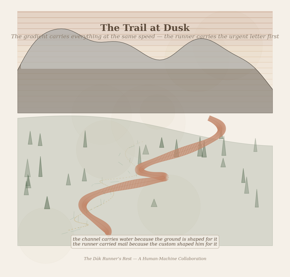 Figure 4: The trail at dusk — copper light on the Tirthan, the overgrown runner&rsquo;s path alongside the broken channel. The gradient persists; the custom does not.