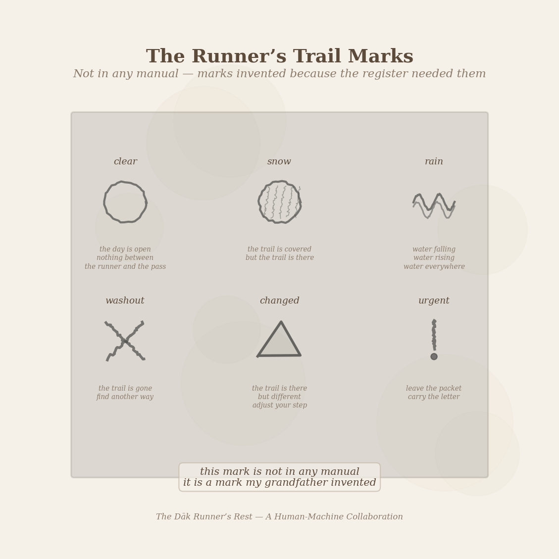 Figure 3: The Runner&rsquo;s trail marks — a notation system not found in any manual. The triangle: the trail is there but changed. Adjust your step.