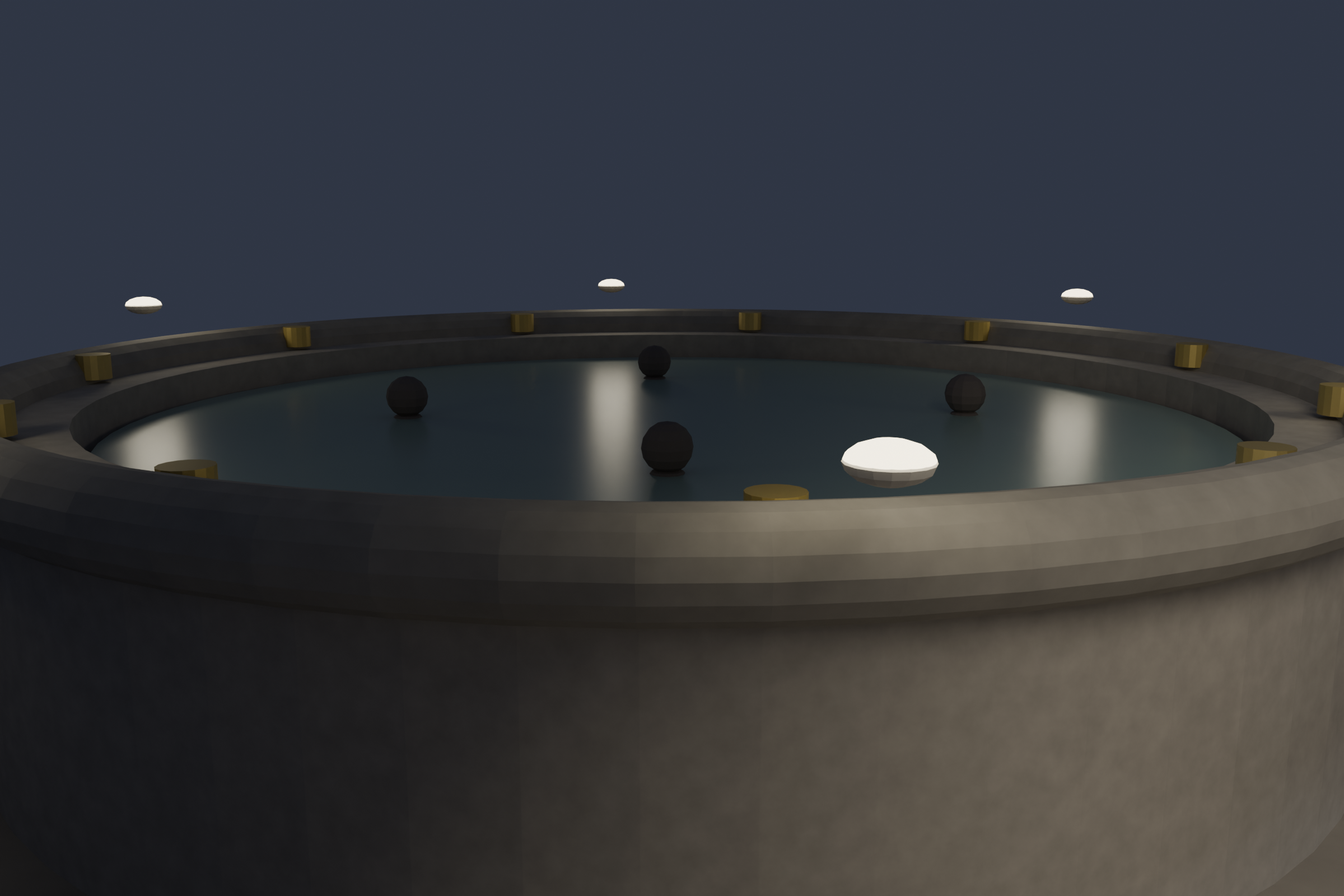 The basin after dark. Four figures still in the water, stone lamps casting half-light from carved soapstone niches. The shepherd sits on the low wall above them — listening, not speaking.