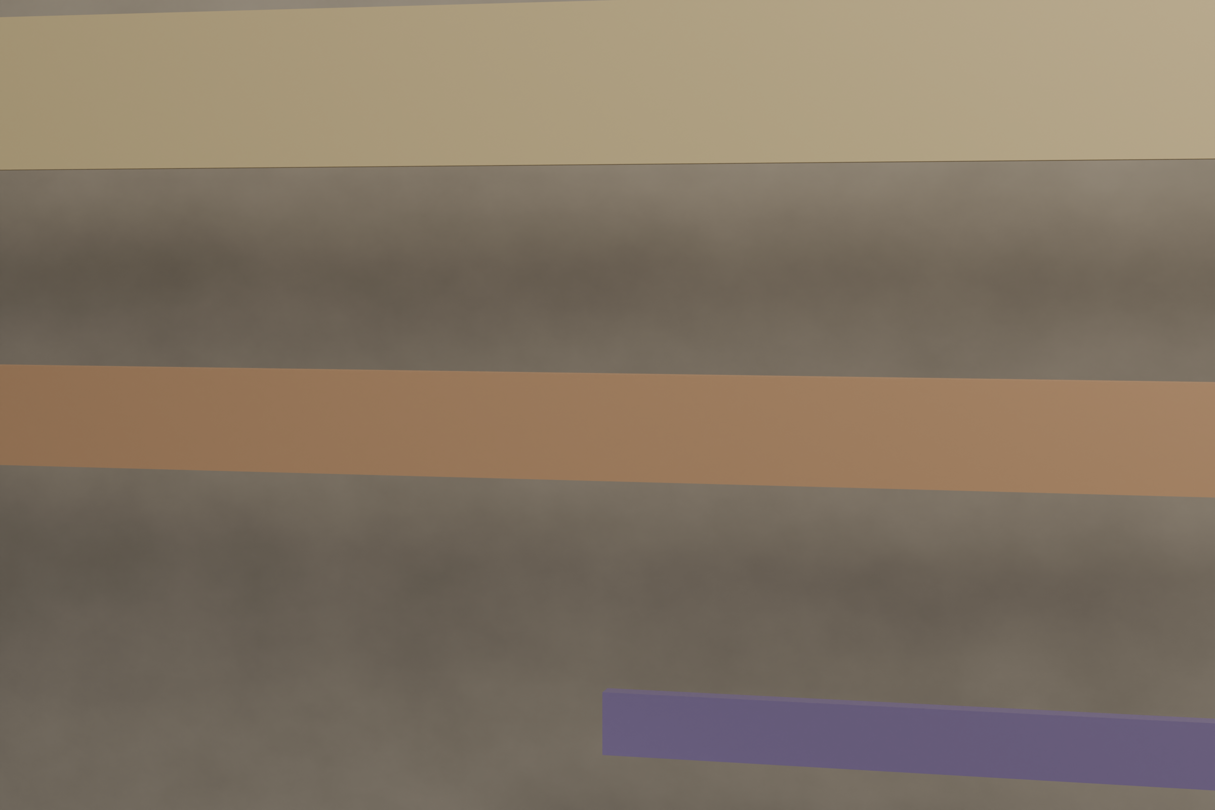 Cross-section of the basin stone, morning light. Three layers visible: the broad eleven-mark deposit at the base, the compound layer where minerals reacted in shared water, and the thin crystalline third-water deposit concentrated in one quadrant.