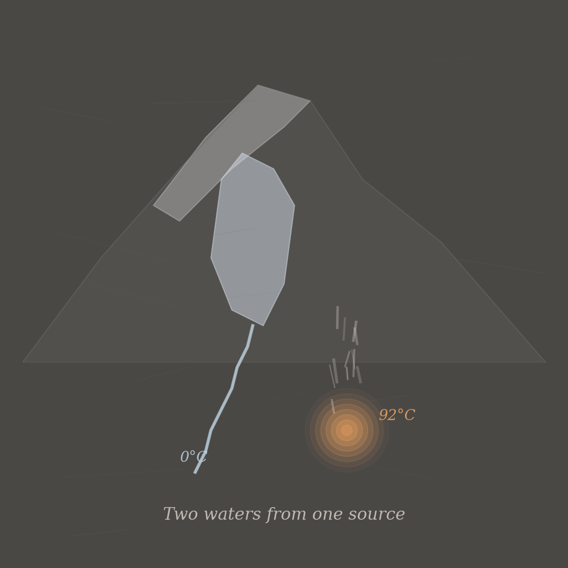 Two waters from one source. The glacial melt descends from above — near zero — while the hot spring rises from below at ninety-two degrees. The same massif, the same tectonic process, producing ice and heat simultaneously.