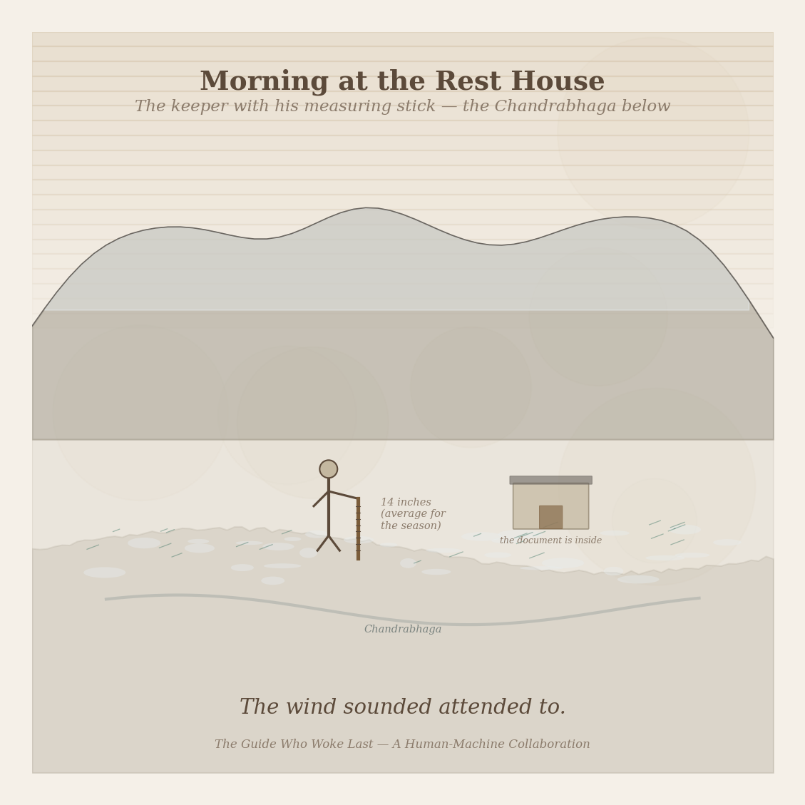 Figure 7: Morning at the rest house — the keeper with his measuring stick, the Chandrabhaga valley below, wind visible as bent grass. The document is inside, on the table, unsigned.
