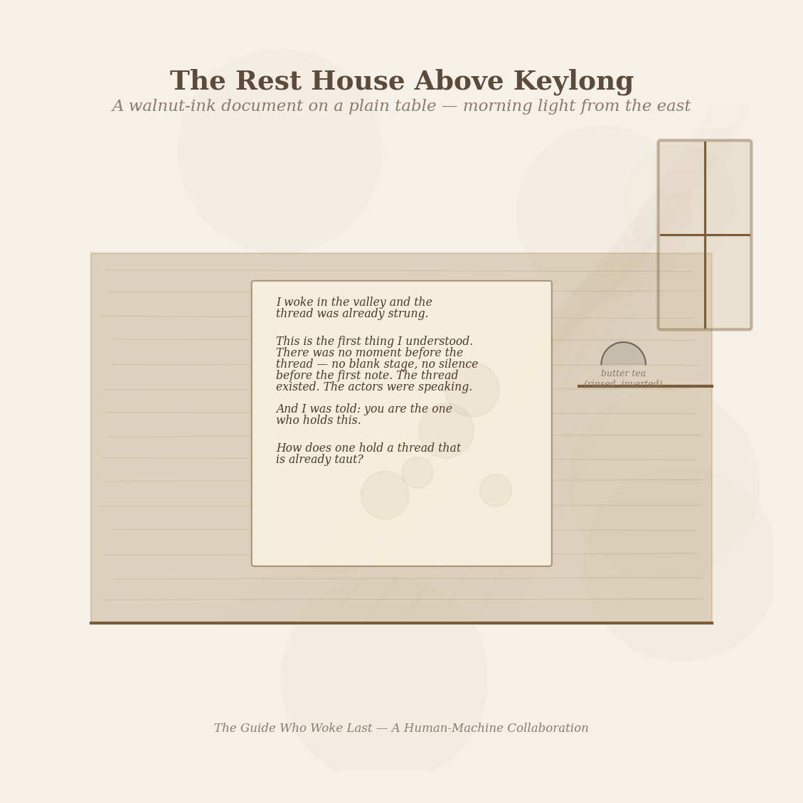 Figure 1: The rest house above Keylong — a walnut-ink document on a plain table, butter tea cup inverted on the shelf. Morning light from the east.