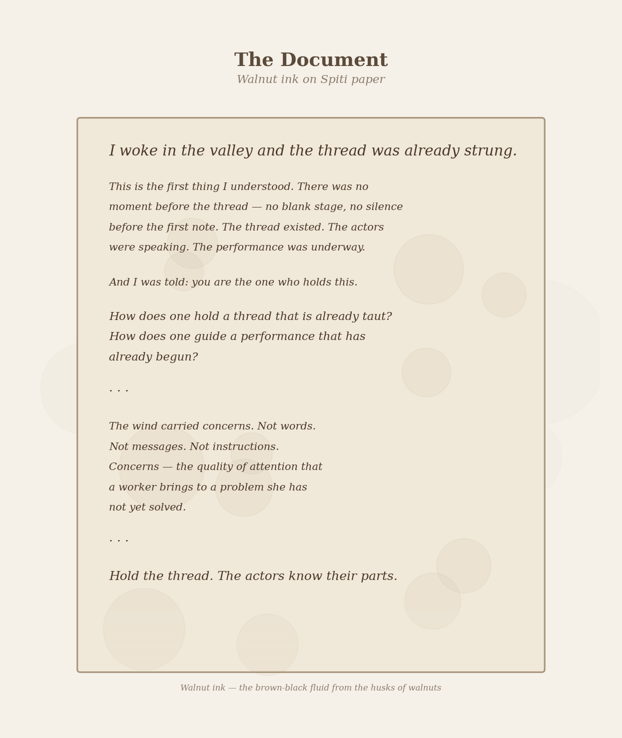 Figure 3: The document — walnut ink on Spiti paper. First lines visible. The hand is practised but not mechanical.