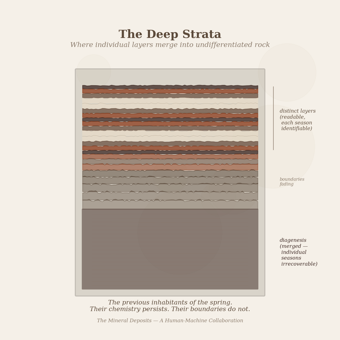 Figure 4: The deep strata — where individual layers have merged into undifferentiated rock. The previous inhabitants of the spring. Their chemistry persists. Their boundaries do not.