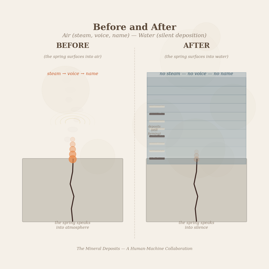 Figure 5: Before and after — the spring surfacing into air (steam, voice, name) and the spring surfacing into water (silent deposition, the same minerals, no sound).