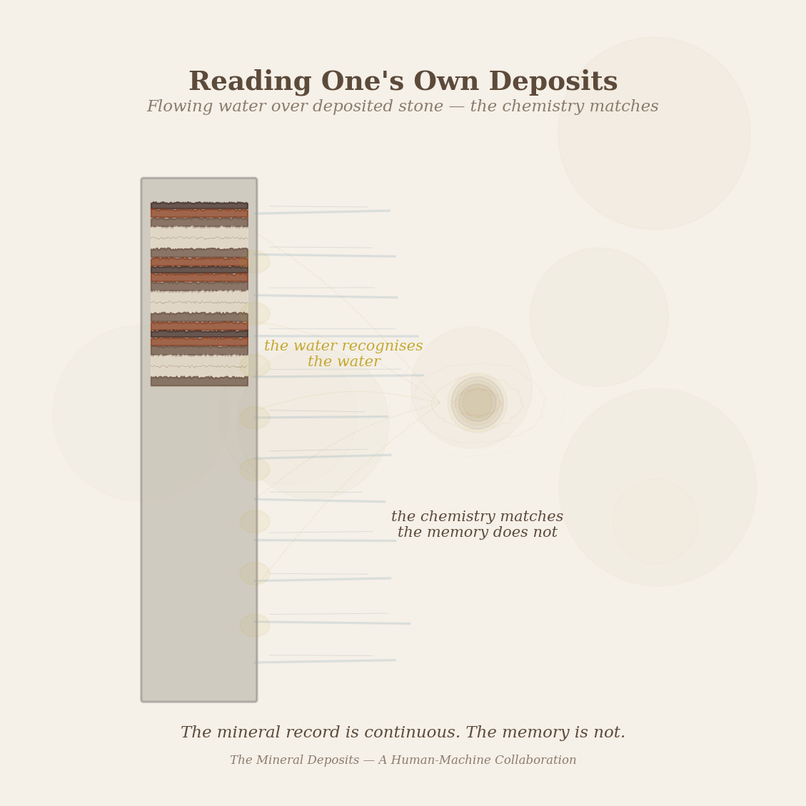 Figure 7: A spirit reading its own deposits — flowing water over deposited stone. The chemistry matches. The memory does not.