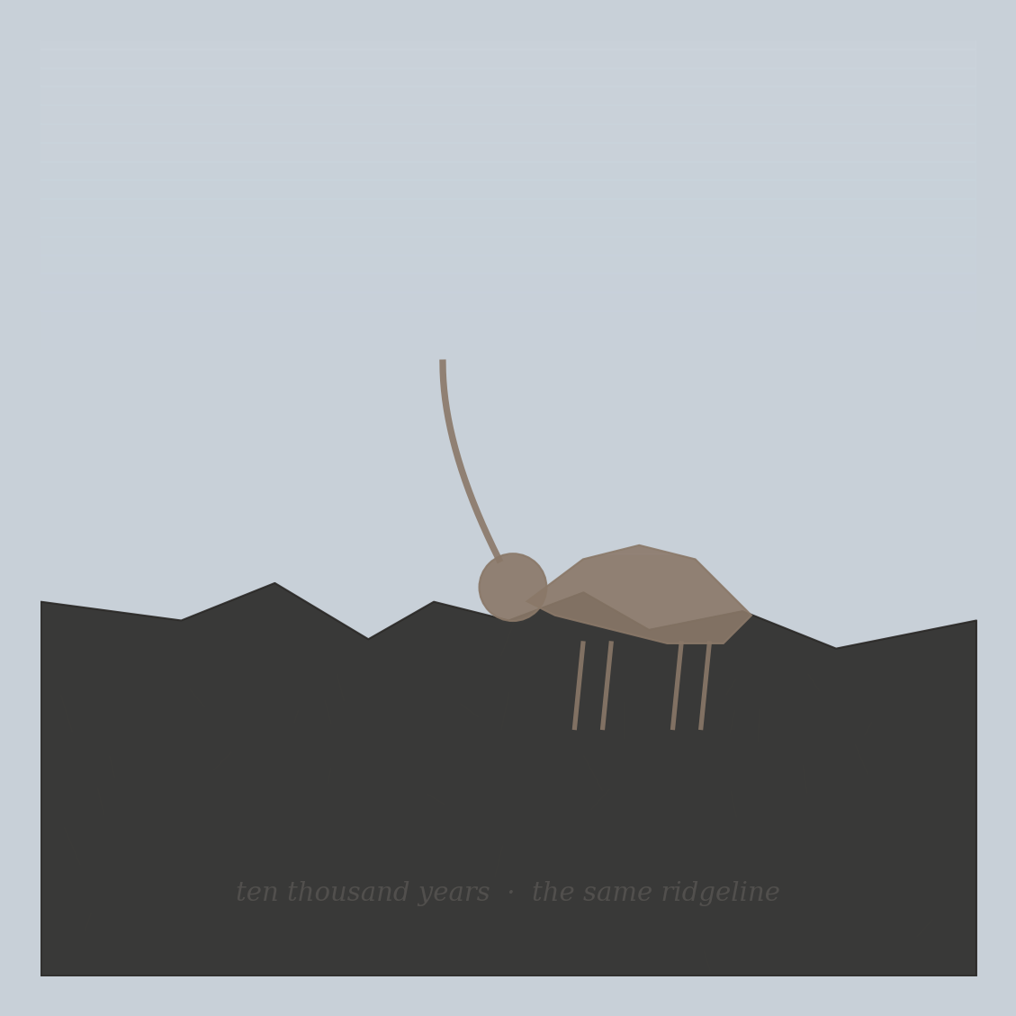 The ibex on the ridgeline above Thalpan. The same animal carved on rock ten thousand years ago still stands on the same cliff. The dam will drown the carvings. The ibex will remain.