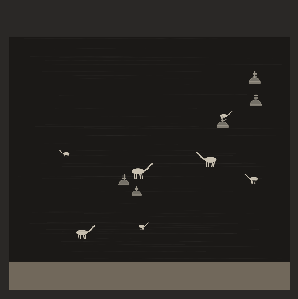 The terrace at Thalpan. Ibex and stupas crowd the rock face — some carved three thousand years apart, none erasing what came before.