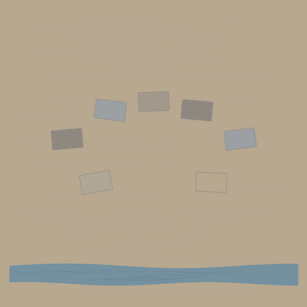 Seven flat stones laid in a loose semicircle on the terrace, facing the river. Someone had been here recently.