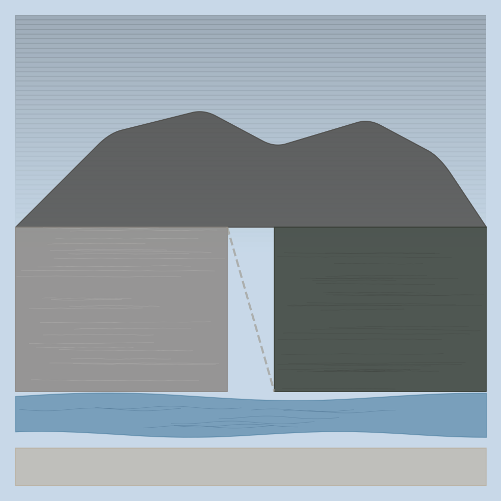 The gorge at midday. The shadows retreat and the rock reveals itself: two colours, two continents, meeting in a jagged line.