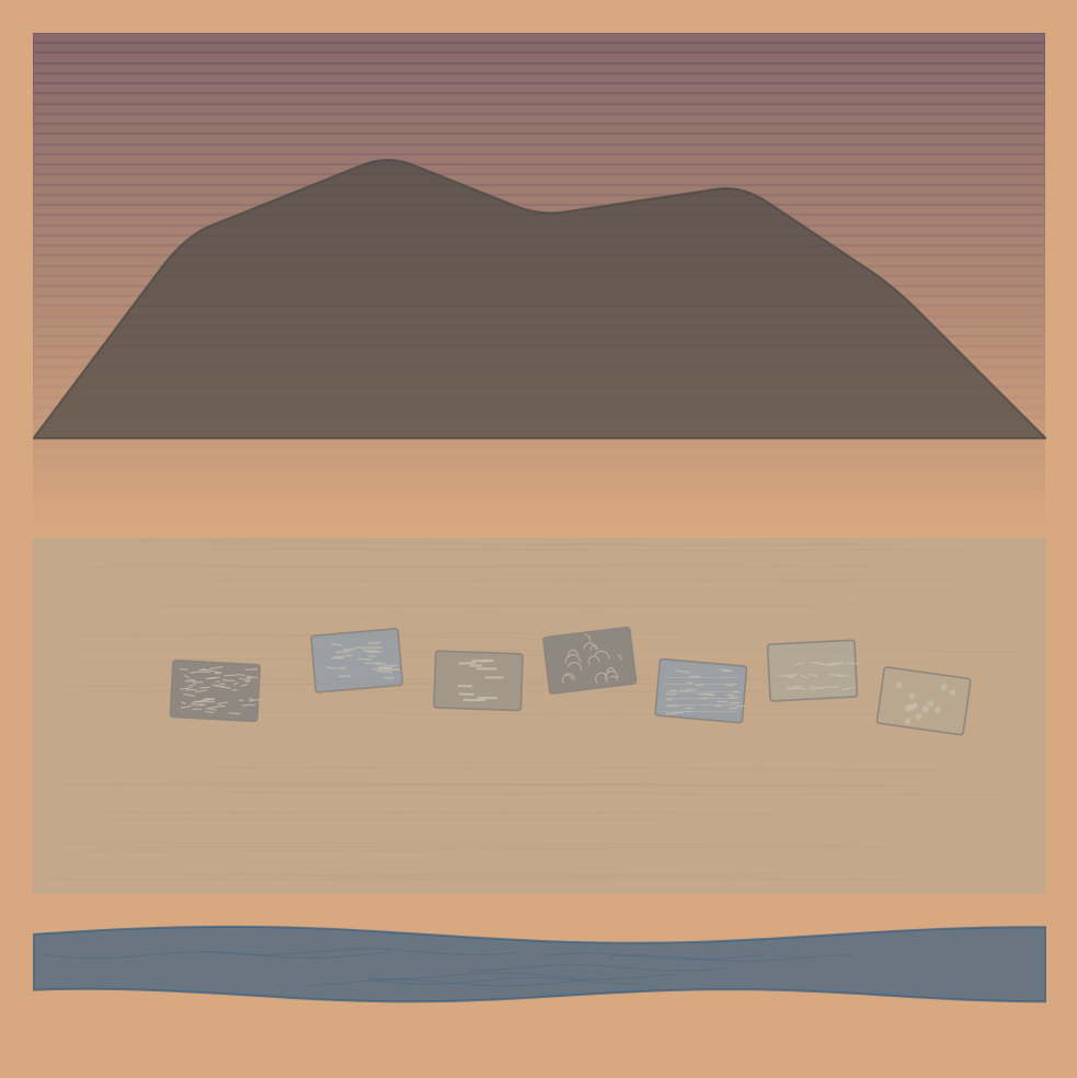 Dusk on the terrace. All seven stones gathered. The river darkens below. The findings settle into the rock.