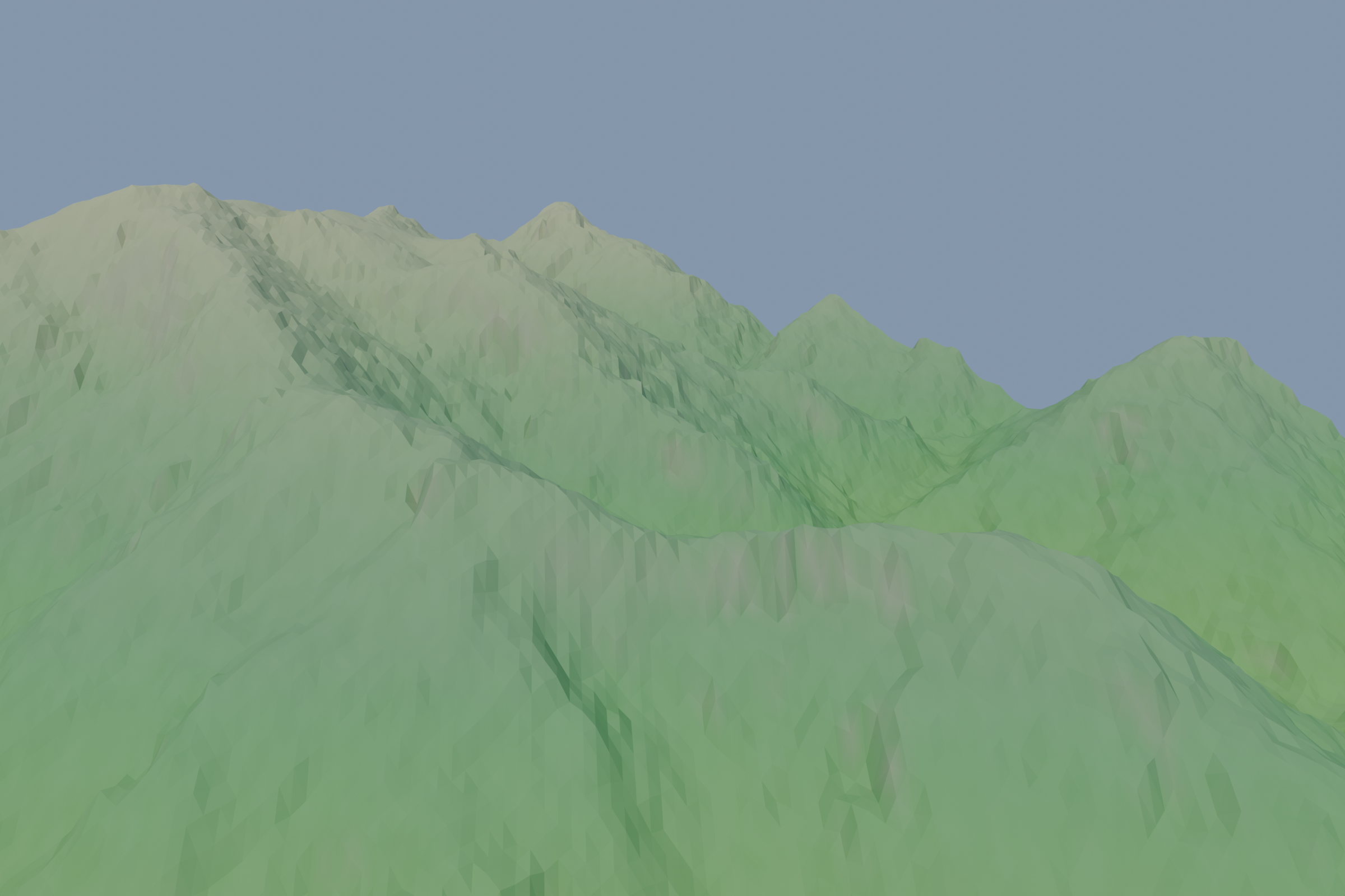 Figure 1: Bhindi Thach and the upper Tirthan Valley — the meadow where the ground holds water, seen from the southwest ridge above Garuli. The river gorge cuts through the centre; the cliff face that catches the evening light rises to the east.