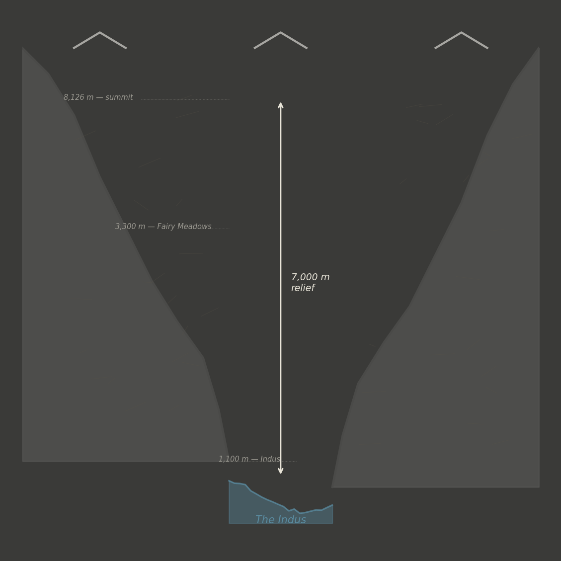 Figure 8: The Indus gorge below Nanga Parbat — seven thousand metres of relief in twenty-one kilometres. The river older than the mountain it cuts through. Neither has finished.