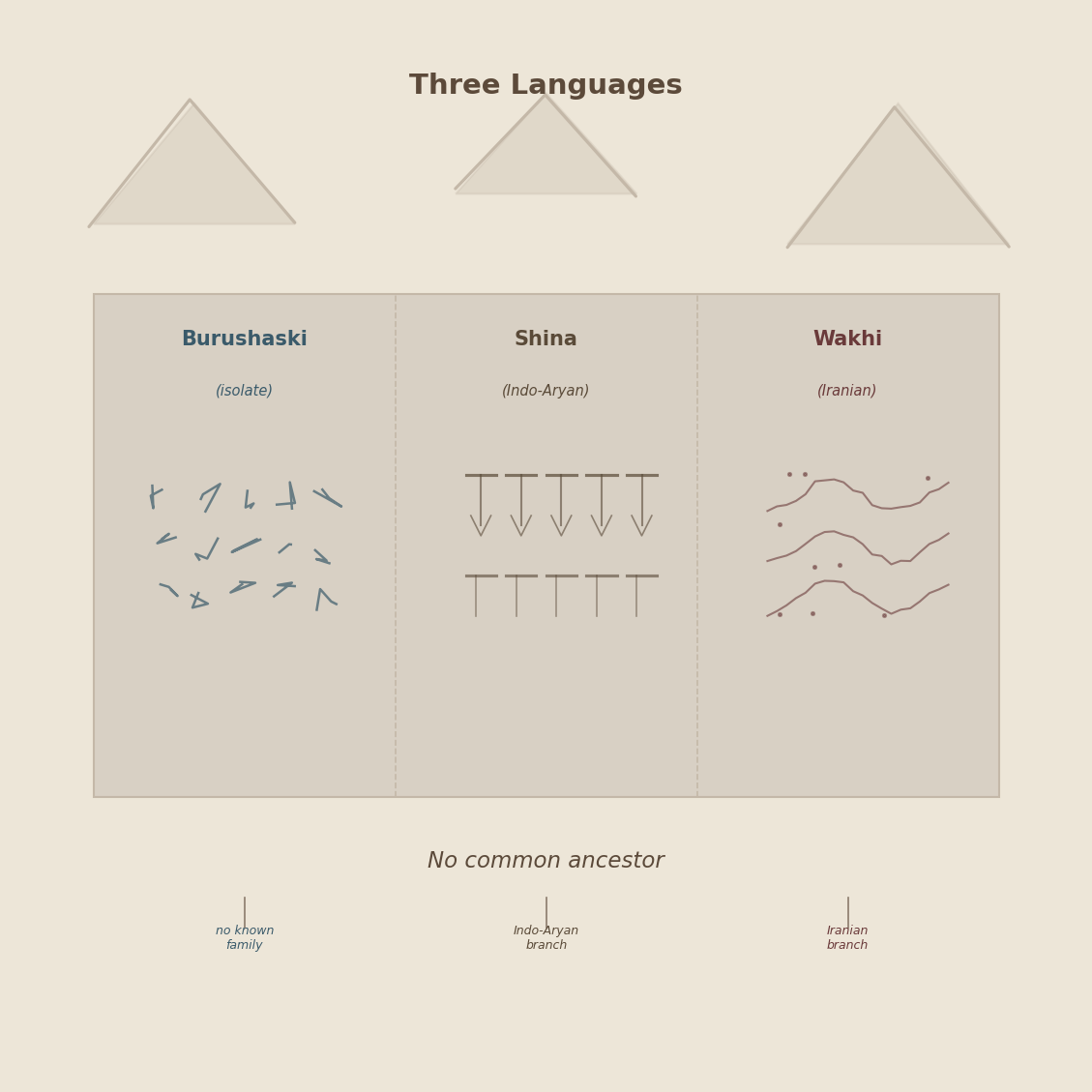 Figure 9: Three languages, no common ancestor — Burushaski (isolate), Shina (Indo-Aryan), Wakhi (Iranian). Three scripts on the same market wall in Karimabad. Three ways of encoding the same valley.
