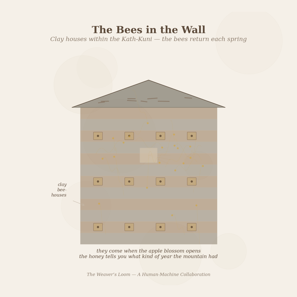 Figure 2: Kath-Kuni house at Nahin — alternating courses of slate and deodar, clay bee-houses built within the timber, the bees returning each spring to the chemistry of prior habitation.