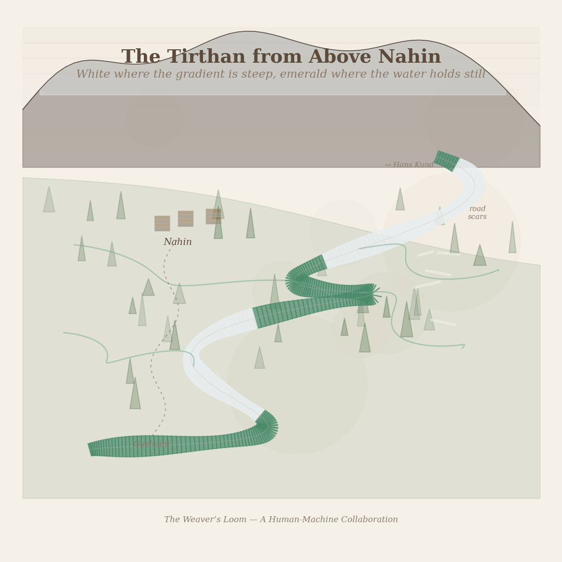 Figure 1: The Tirthan from above Nahin — white where the gradient is steep, emerald where the water holds still. Side-streams entering. Road scars on the eastern ridge.